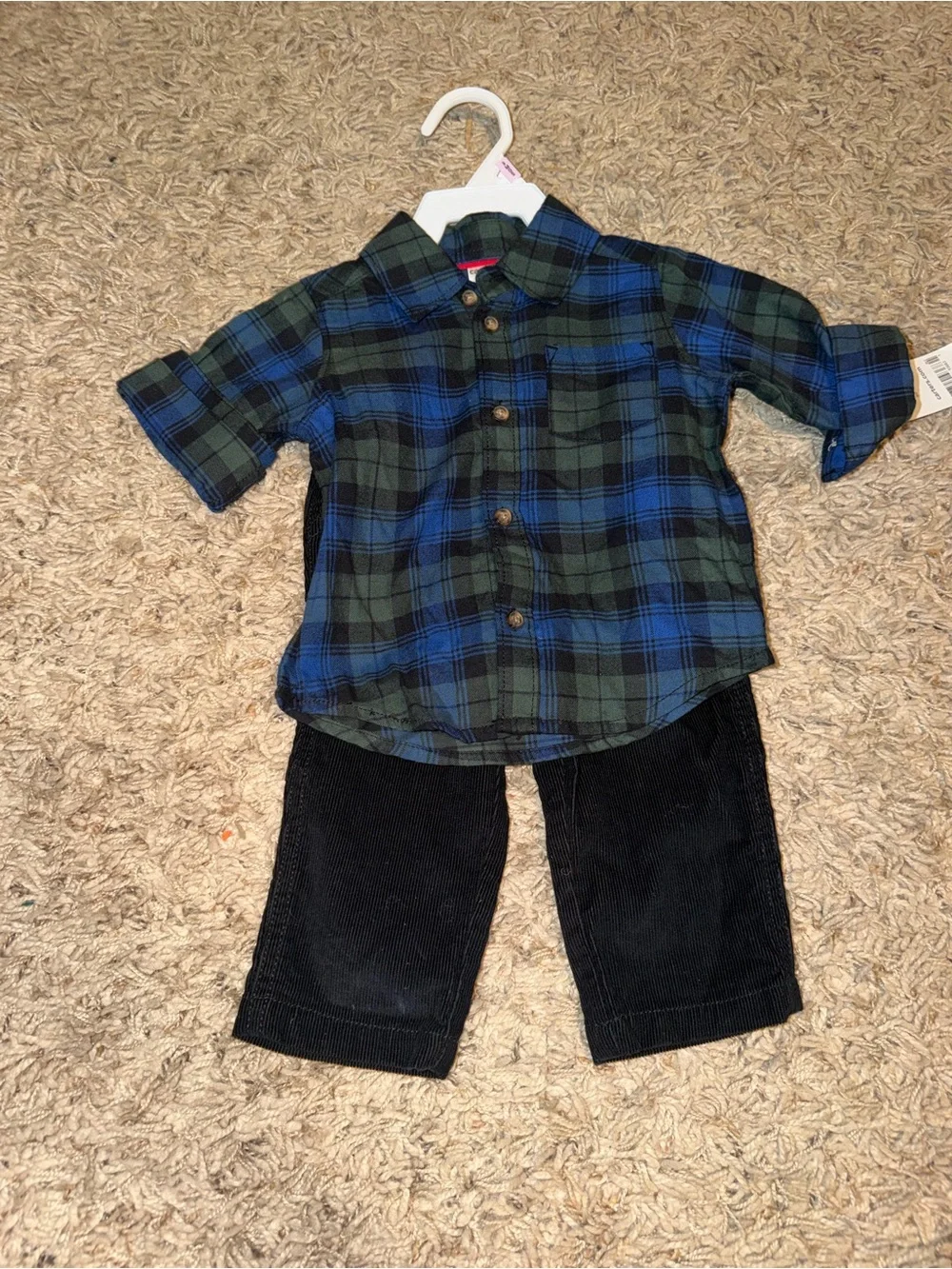 Carter new size 9 months set - Plaid Button-Up Shirt with corduroy black pants